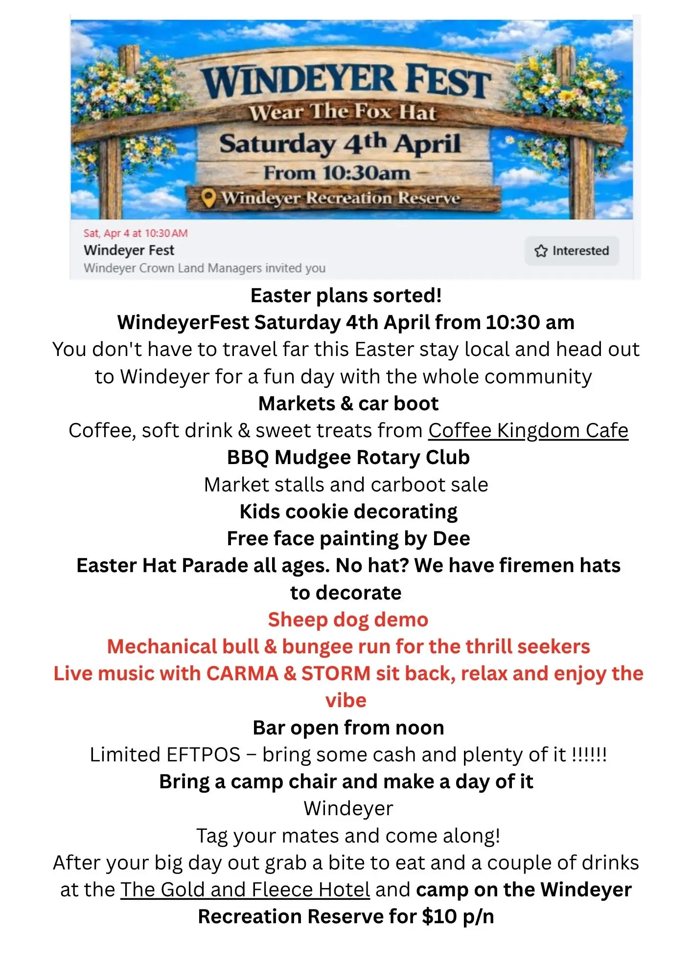 Windeyer Fest Info for Easter Camping