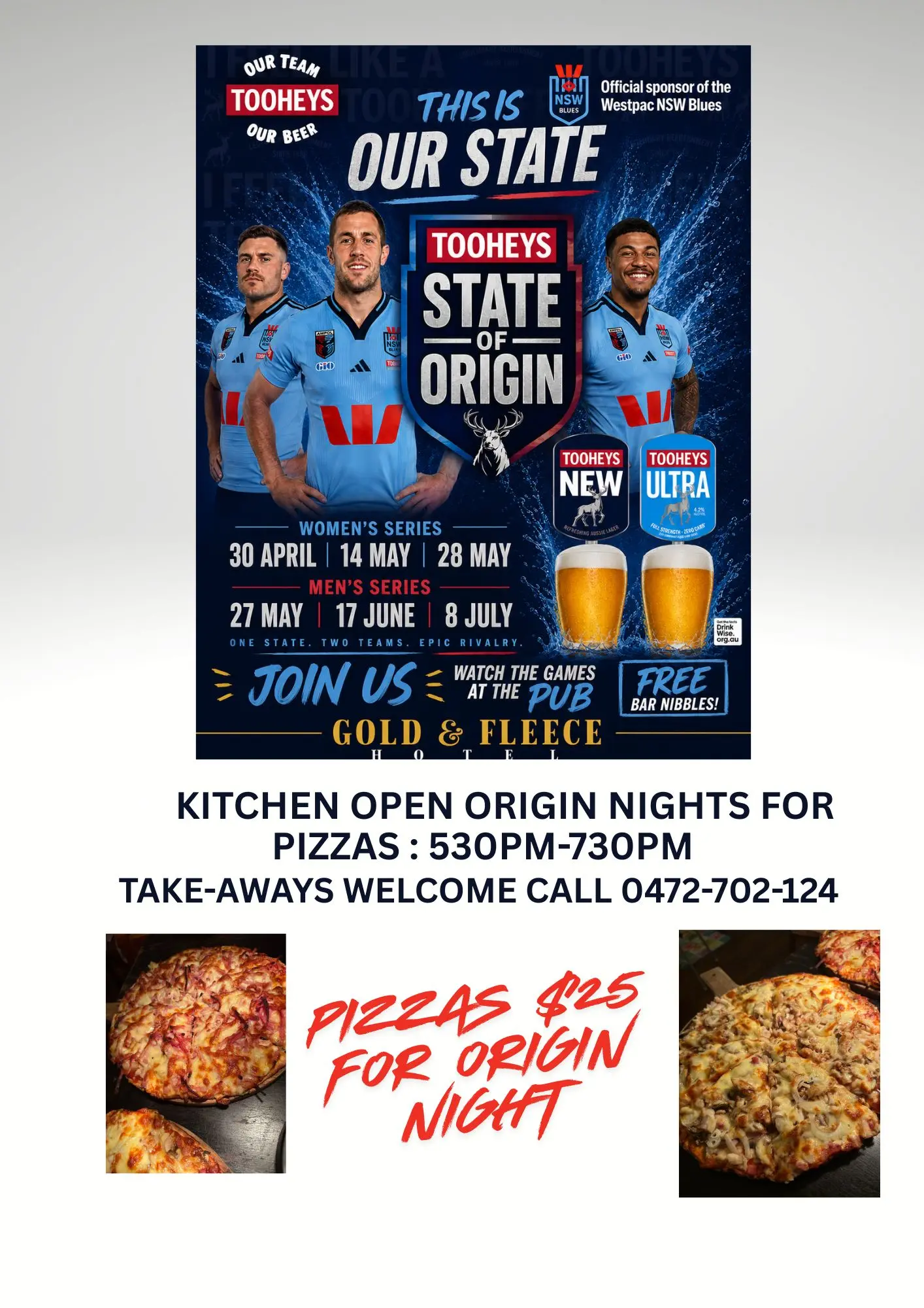 State of Origin flyer with pizzas