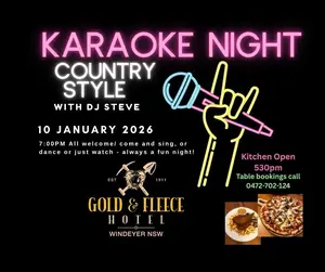 Saturday night 10th Jan 2026 join us for a fun “country style” karaoke night with DJ Steve 🍺🥂🪩 have a go at singing, or a dance or just enjoy! Always a cracker of a night 😊