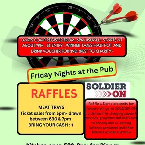 Friday Night at the Gold and Fleece Hotel Windeyer Raffle & Darts proceeds for January will go to SOLDIER ON to deliver life-changing support services, programs and activities, to serving and ex-serving Defence personnel and their families across Australia

you can also donate using this link 

https://fundraise.soldieron.org.au/fundraisers/annettecarpenter/gold—fleece-hotel-patrons-raffles